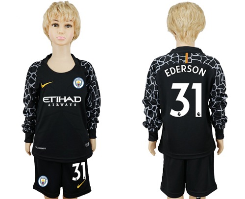 Manchester City #31 Ederson Black Goalkeeper Long Sleeves Kid Soccer Club Jersey - Click Image to Close